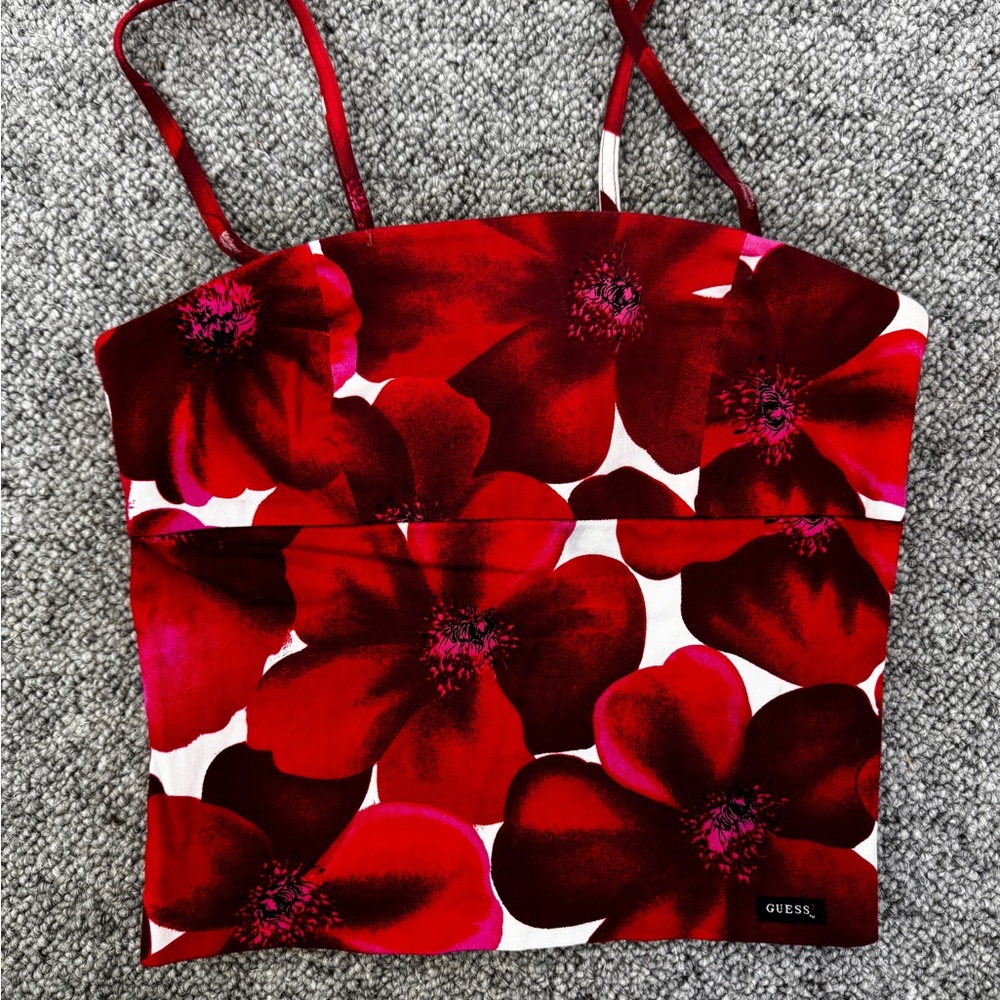 Guess Red and White Fitted Crop Camisole